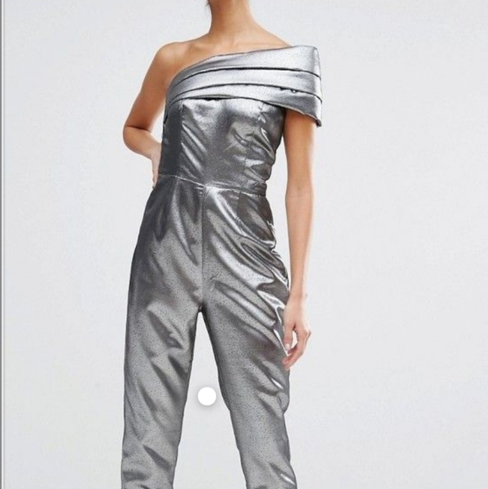 Asos Silver Strapless One Shoulder Jumpsuit Sz 10